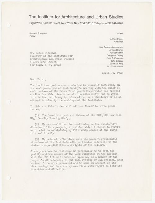 Letter from Kenneth Frampton to Peter D. Eisenman about presentation to the Urban Development Corporation (UDC) and a critique of the organizational structure of IAUS