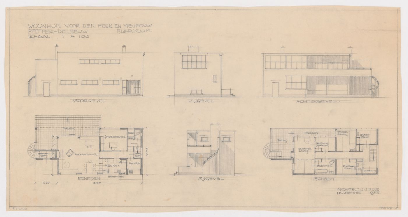 Ground and first floor plans and elevations for a country house for Mr. and Mrs. Pfeffer-De Leeuw, Blaricum, Netherlands