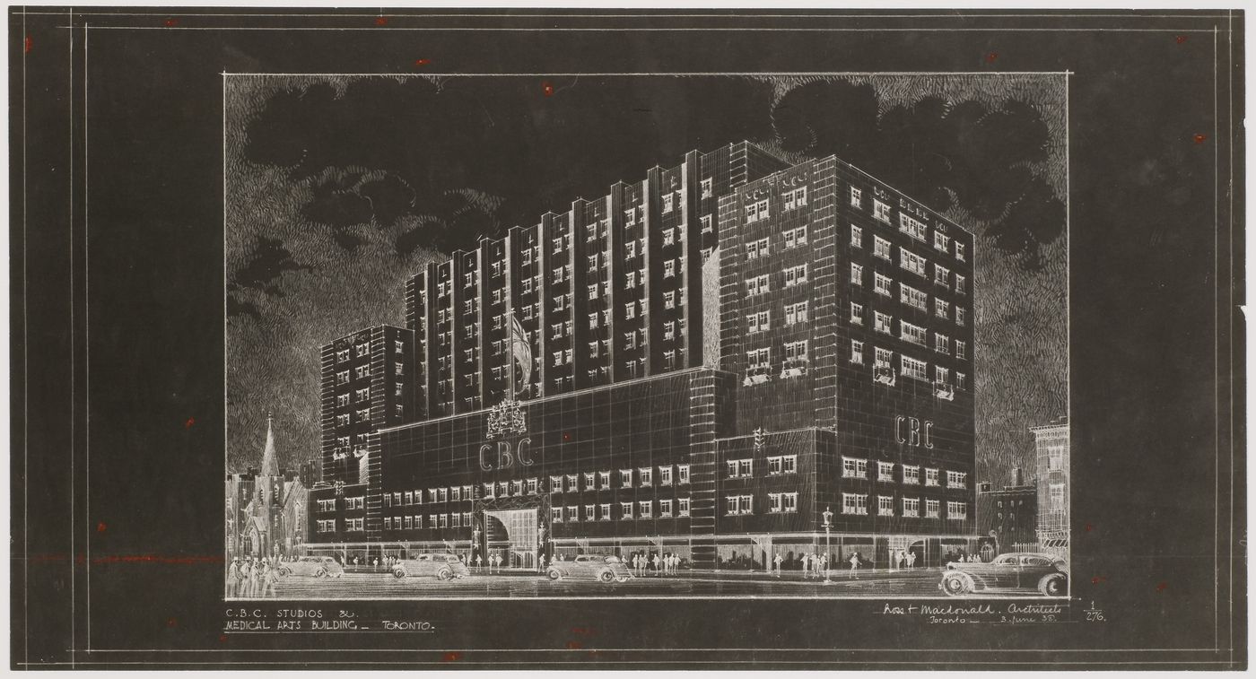 Preliminary perspective drawing for CBC Studios and Medical Arts Building, Toronto, Ontario