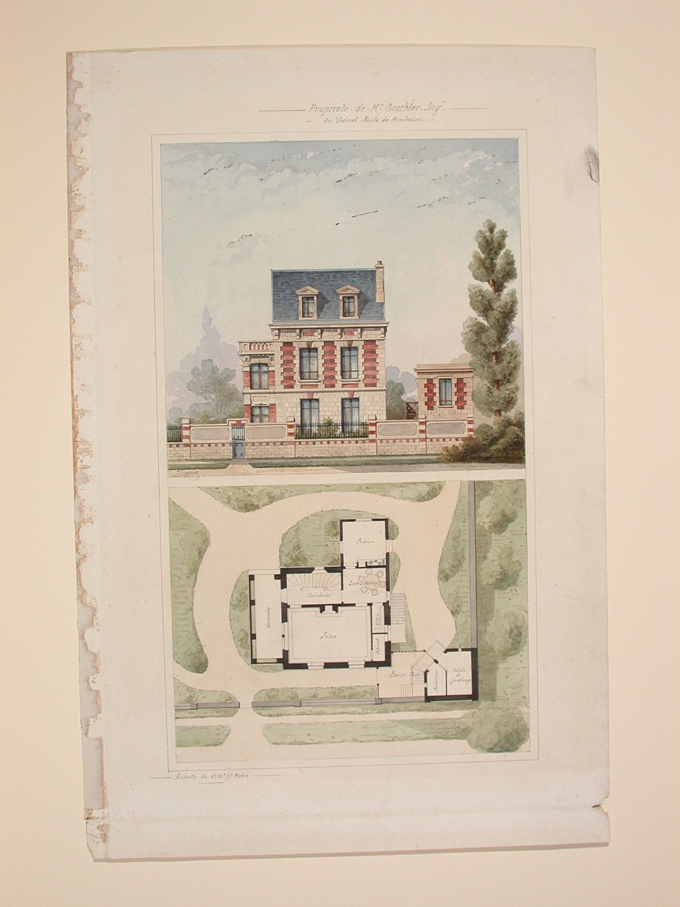 Rendered elevation and plans for Goschler House, Le Vésinet