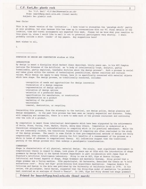 Email from March to Chris Earl on UCLA Symposium programme