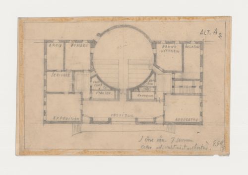 Ground plan for Lister härads tingshus showing a circular courtroom, Sölvesborg, Sweden