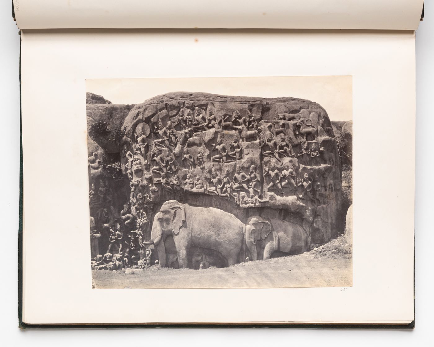 View of the narrative bas-relief showing Arjuna's Penance and descent of the Ganges, and two carved elephants, Mahabalipuram (now Mamallapuram), India