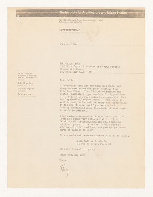 Letter from Anthony Vidler to Colin Rowe