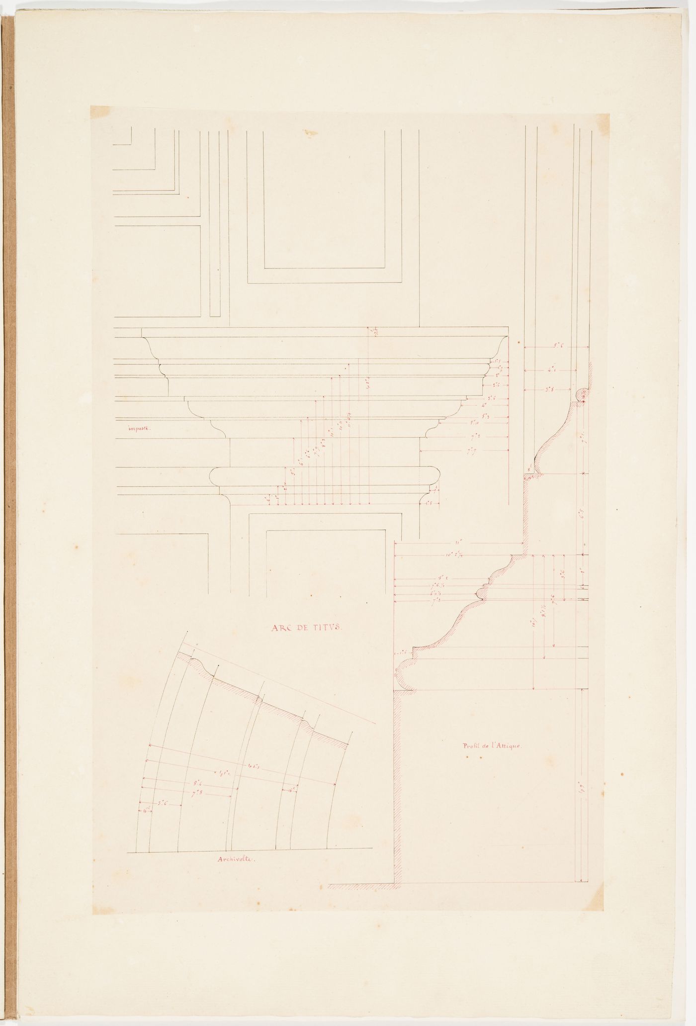 Profile of the attic storey and archivolt from the Arch of Titus, Rome, with an elevation of the impost and part of the pilaster