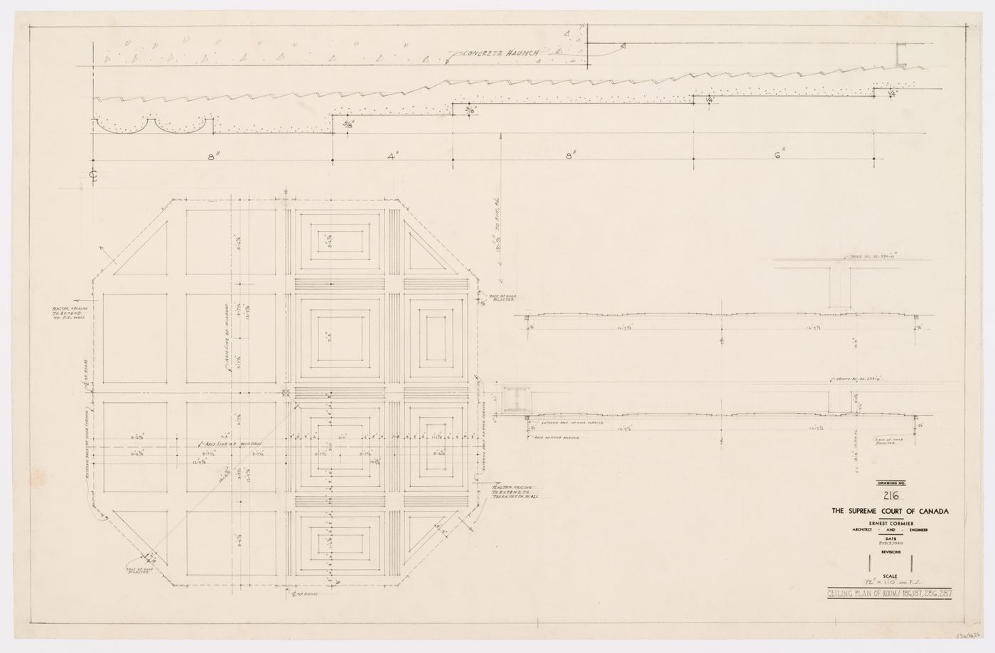 Plan du plafond des pièces 186, 187, 286 et 287, Cour suprême du Canada, Ottawa, Ontario, Canada (1937-1953, 1977)