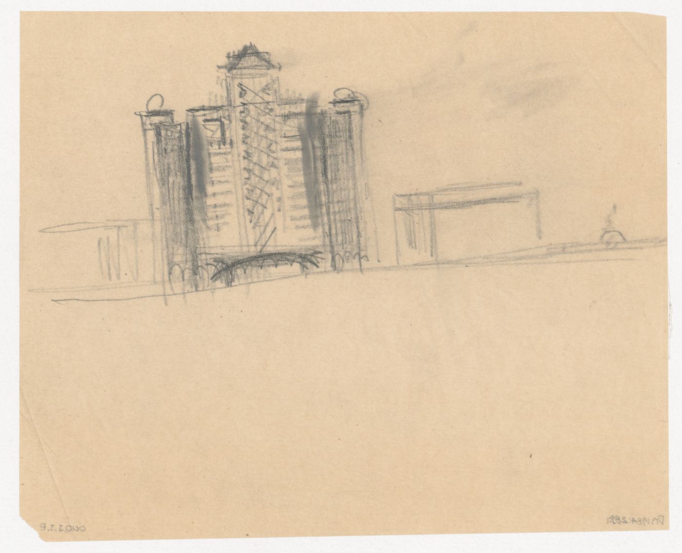 Sketch street elevation for the reconstruction of the Hofplein (city centre) showing Industriegebouw Plan A, a monument, and a mixed-use development, Rotterdam, Netherlands