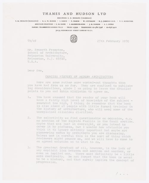 Letter from Thomas Neurath to Kenneth Frampton about "A concise History of Modern Architecture"