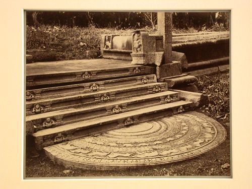 View of a moonstone at the base of a staircase, King Mahasen's Palace, Anuradhapura, Ceylon (now Sri Lanka)