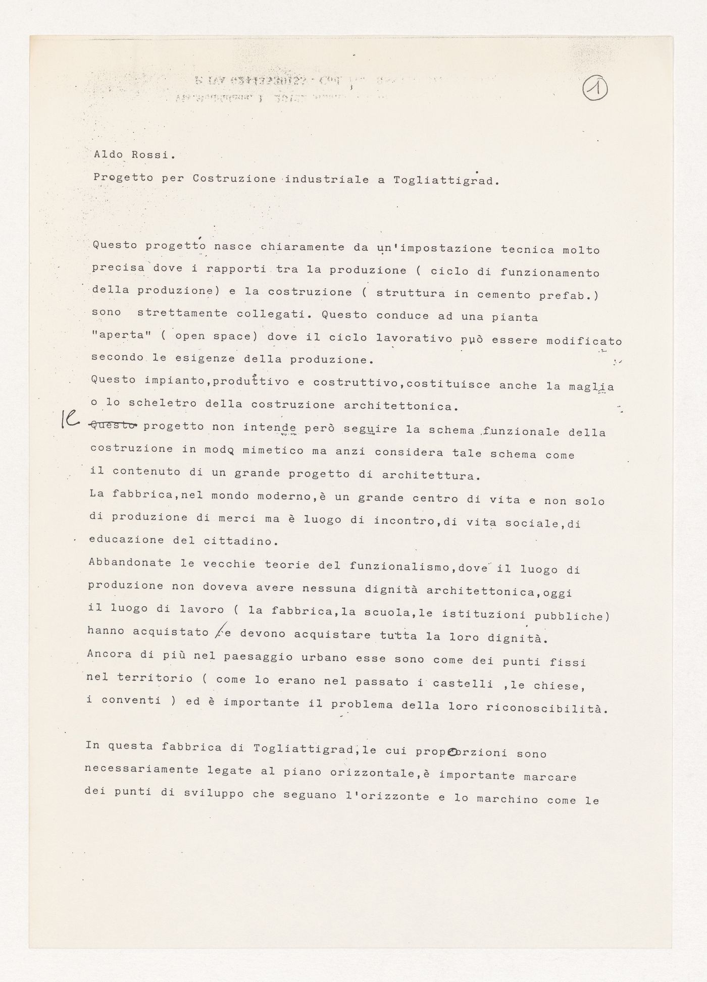Architect's statement for Fabbrica attrezature ospedaliere a Sysran, Soviet Union (now Russia)