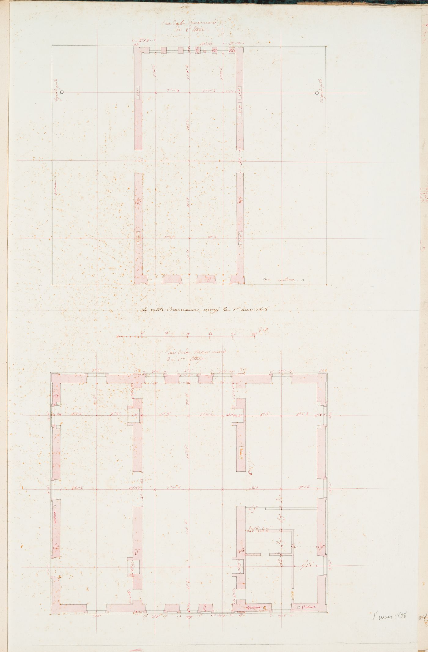 Project for a château for M. de Lorgeril, Motte Beaumanoir: First and second floor plans showing the stonework
