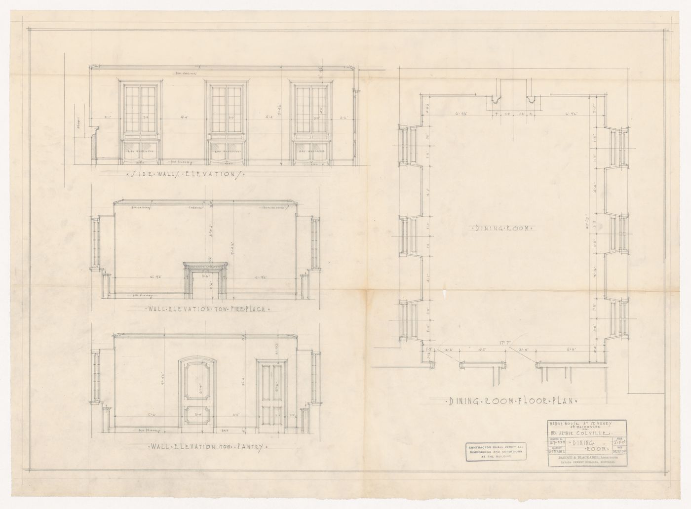 Plan and elevations of dining room for Colville Manor, Mascouche, Québec