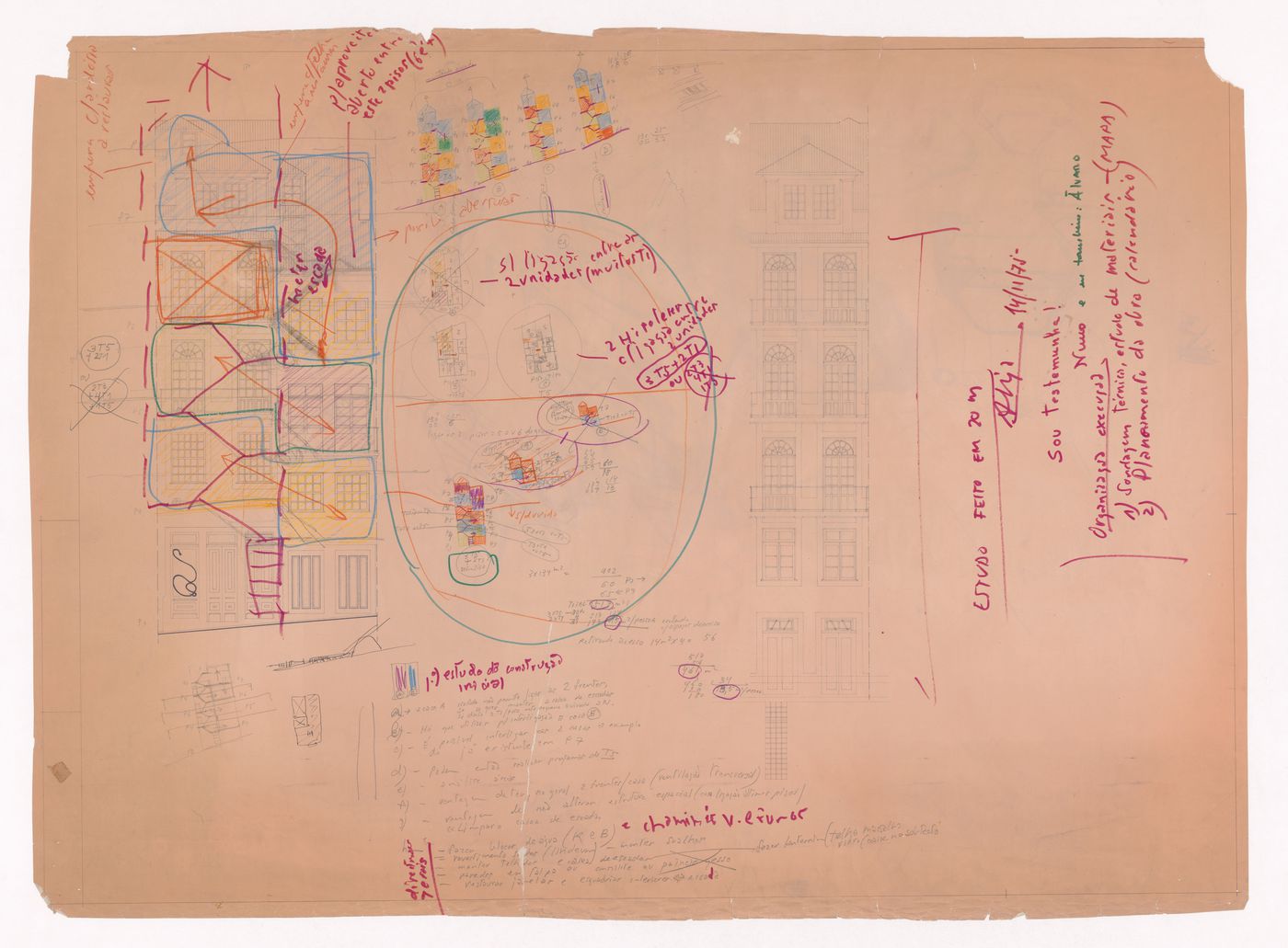 Sketch elevations and floor plans for Parcelas 191 e 192, Porto, Portugal
