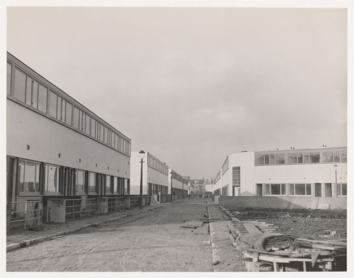 Exterior view of Kiefhoek Housing Estate showing playground under construction, Rotterdam, Netherlands