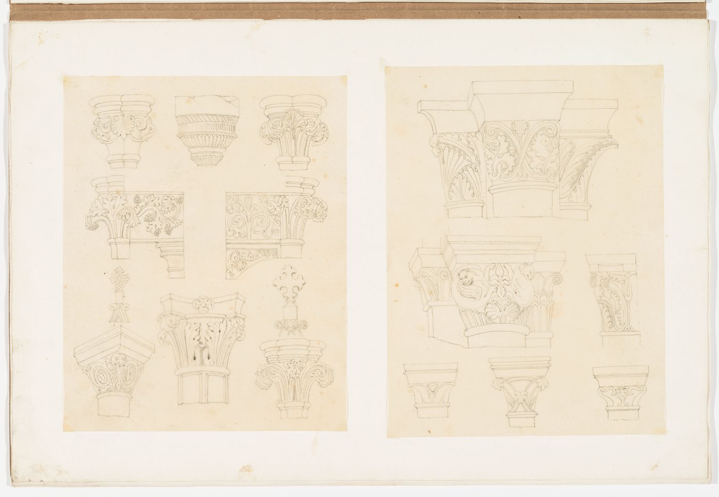 Two drawings of Gothic architectural elements: capitals, compound piers, and finials