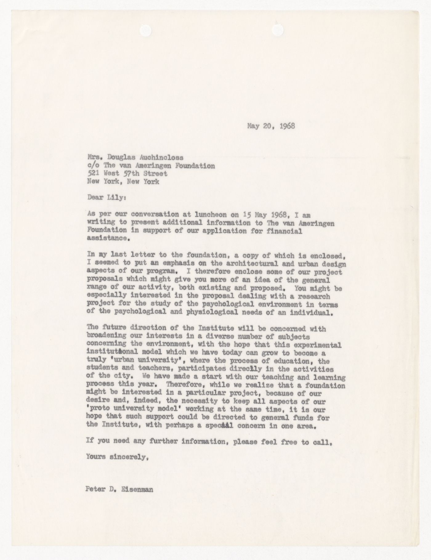 Letter from Peter D. Eisenman to Mrs. Douglas Auchincloss about IAUS activities with attached project proposal