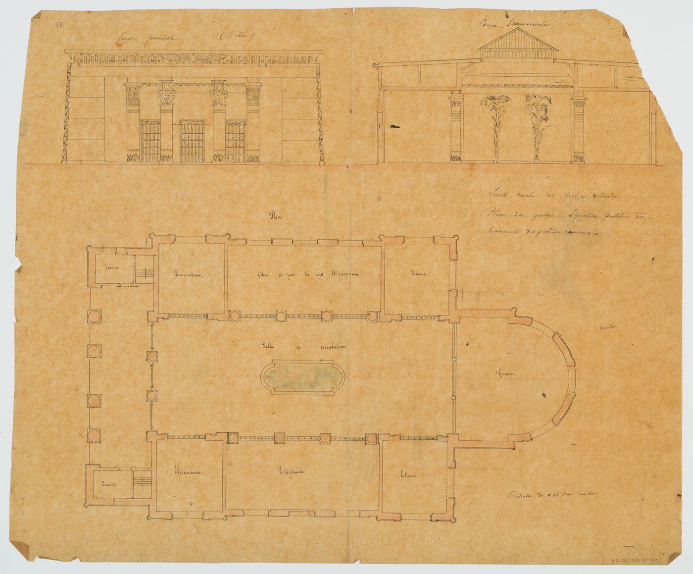 Zoological garden, Antwerp: Elevation, section and plan of the Palais égyptien