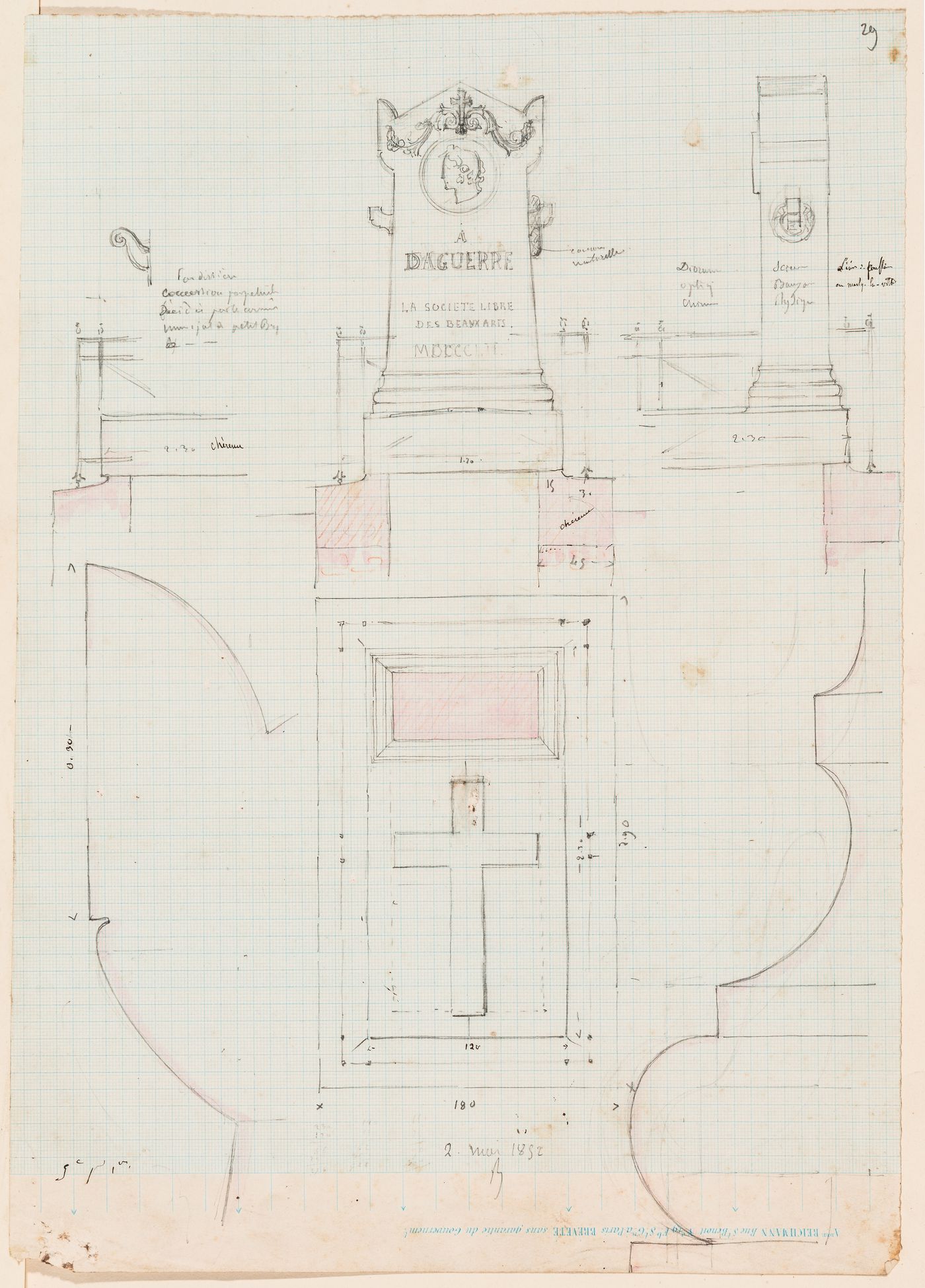 Elevations, plan, profiles and details for a tomb for Daguerre, France