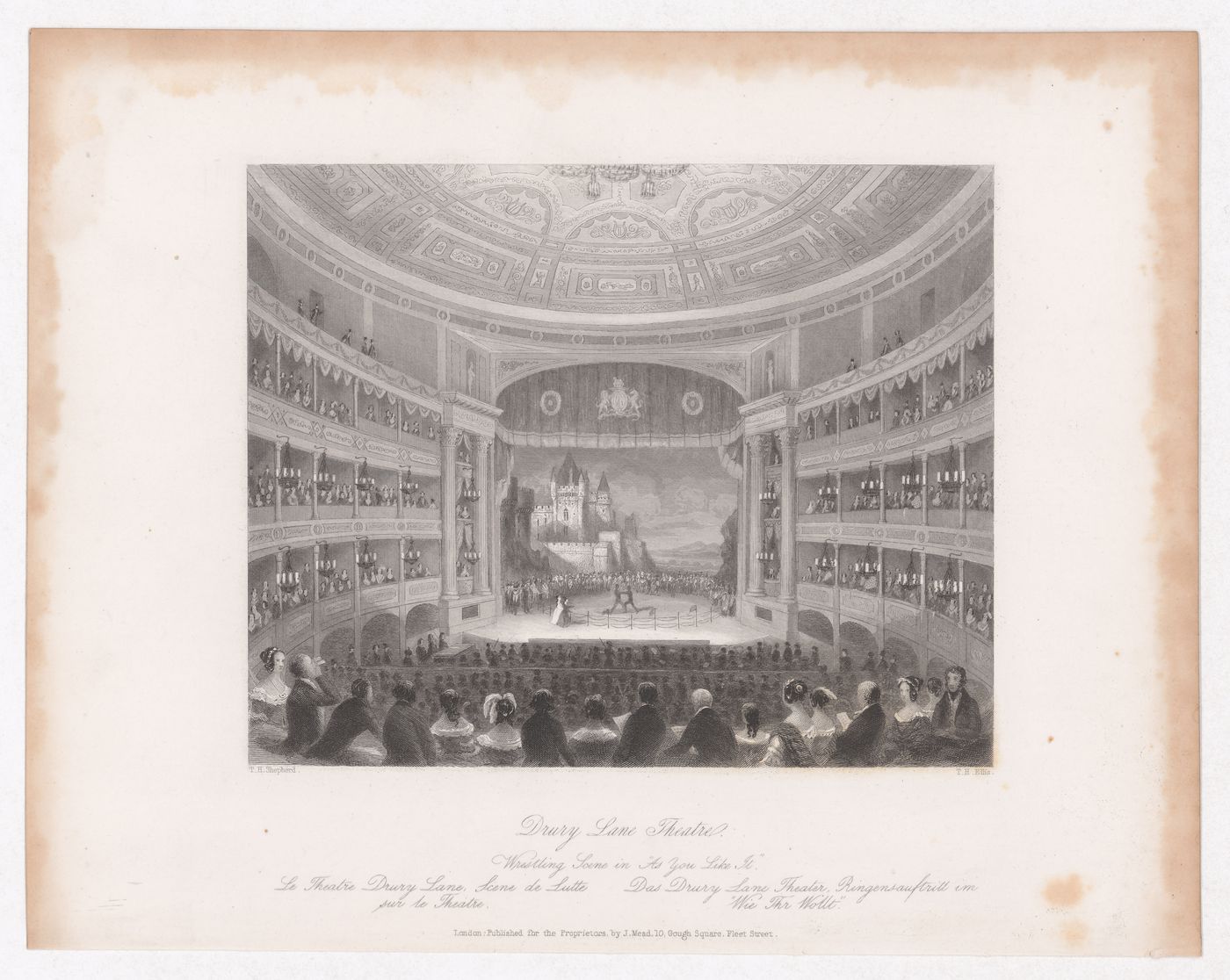 Interior view of Drury Lane Theatre showing the wrestling scene in "As You Like It"