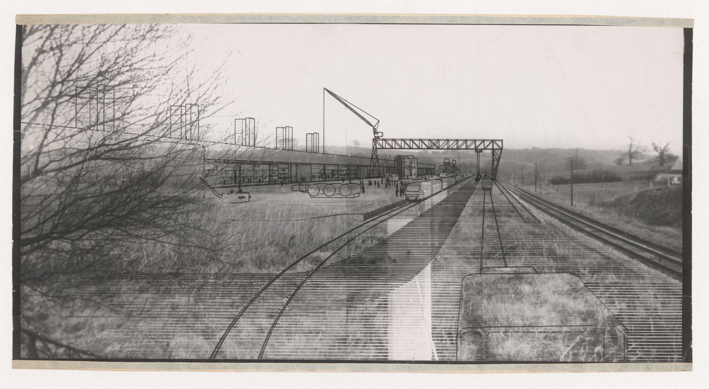 Photomontage of a perspective sketch of Madeley Transfer Area for Potteries Thinkbelt, Staffordshire, England