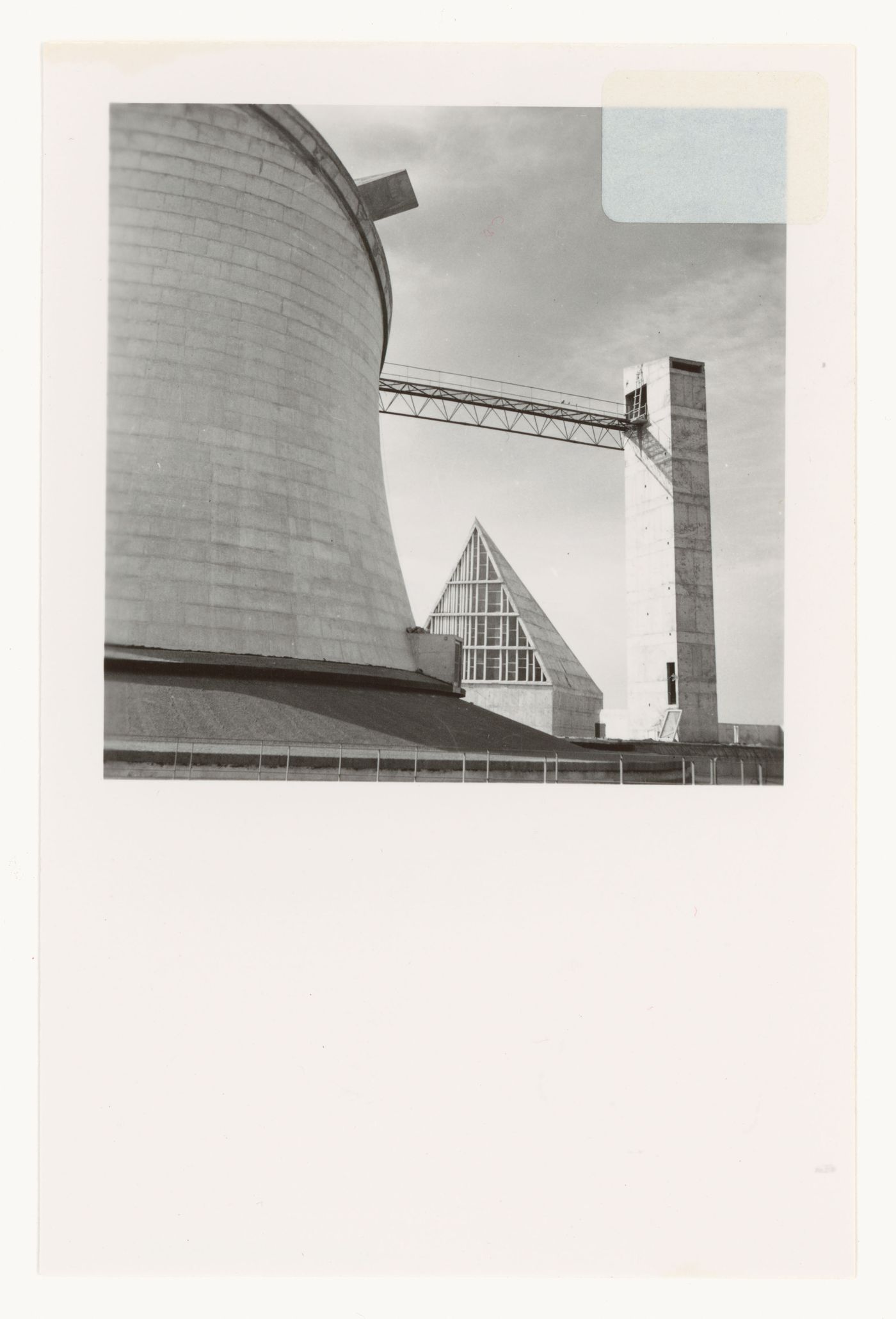 View of the Assembly’s hyperboloid, pyramid, and elevator tower under construction, Capitol Complex, Sector 1, Chandigarh, India