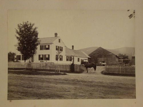 Clapboard house with horse and barn