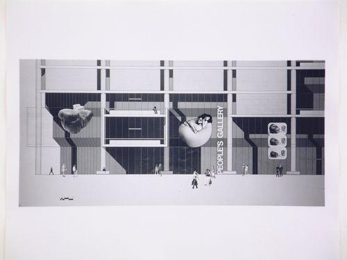 Photograph of a photocollage and elevation for the Resource Center, Century City, Los Angeles, California