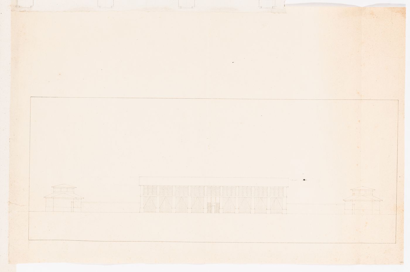 Project for Clos d'équarrissage, fôret de Bondy: Elevations, probably for a stable and a manège