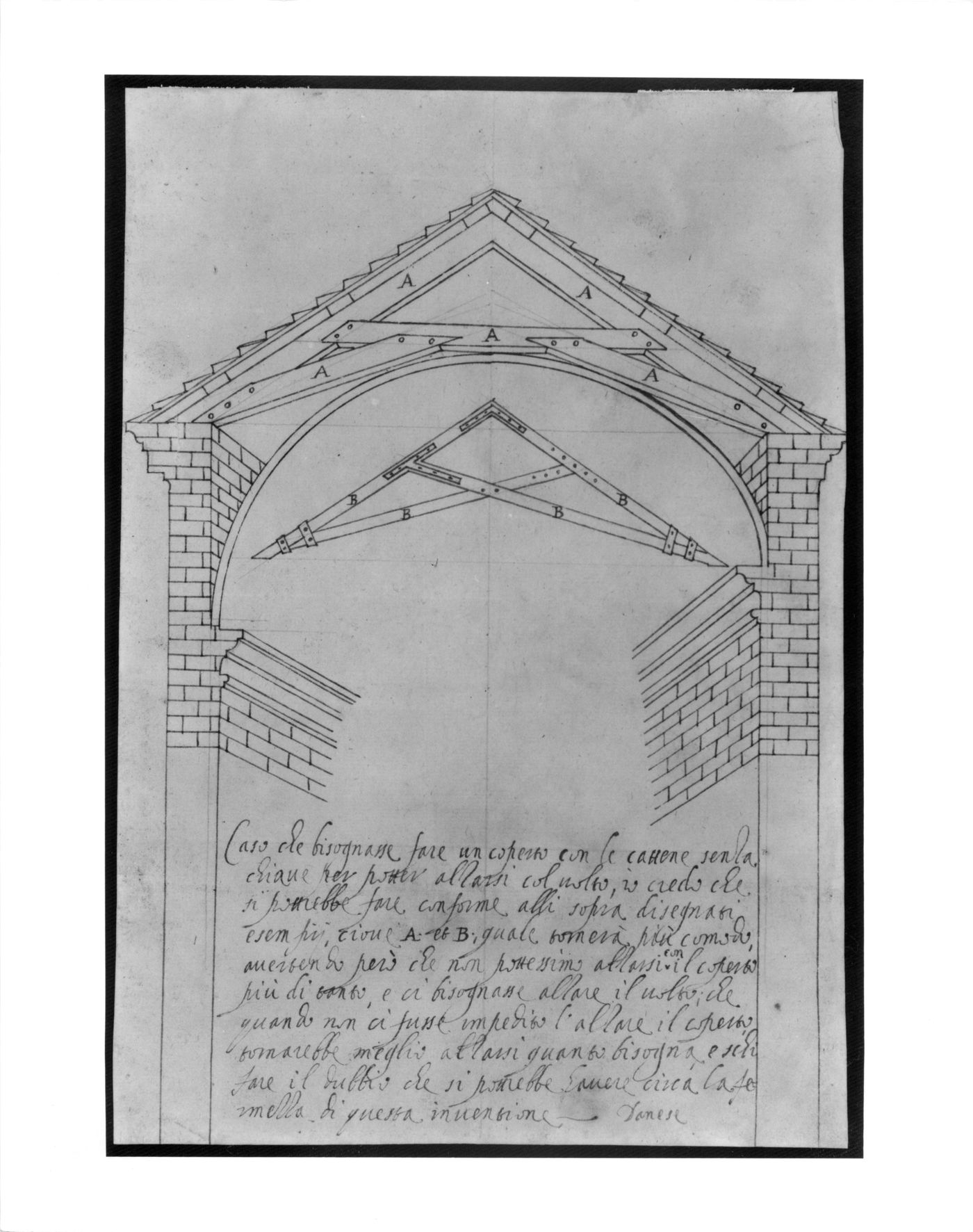 Section of a building showing alternative designs for trussed rafters