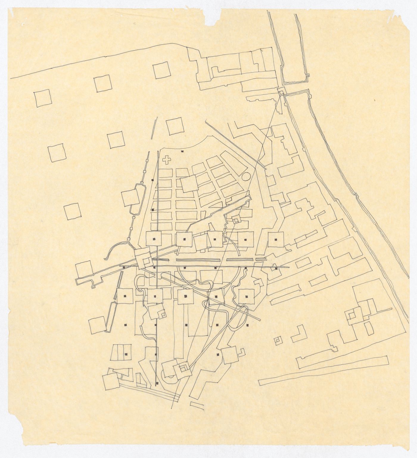 Sketch plan showing the superposition of the Cannaregio and La Villette sites with their axes at right angle