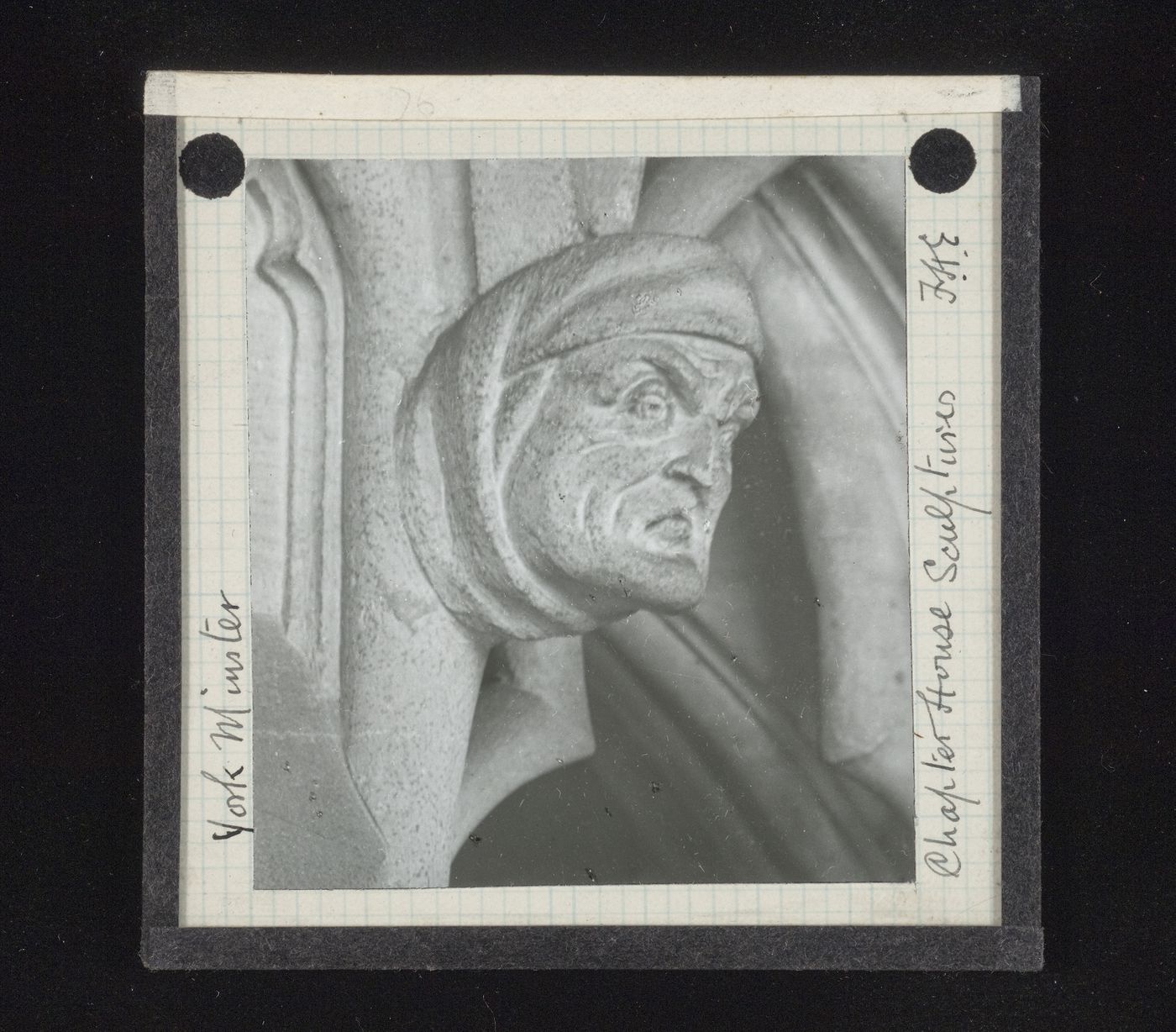 View of sculpture of head in Chapter House of York Minster, York, North Yorkshire, England