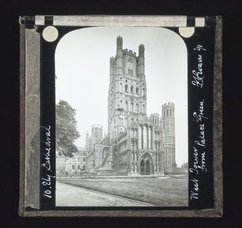 View of west tower of Ely Cathedral from Palace Green, Ely, Cambridgeshire, England