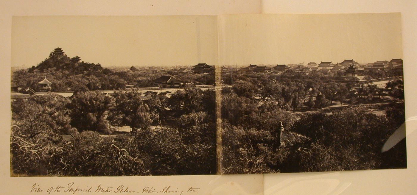 Panorama of Jingshan (also known as Coal Hill or Prospect Hill), the Ta-kao hsuan Hall (now Dagaoxuan Dian) temple complex, and the Forbidden City (also known as Zijincheng and the Imperial Palace; now the Palace Museum), Peking (now Beijing), China
