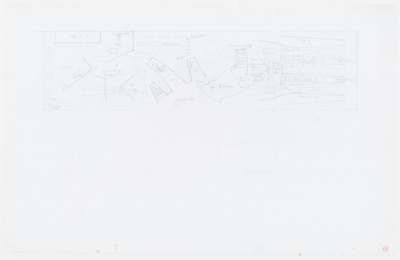 Final sketch plan of level 2: general reference reading room,asian documentary and information center, scale 1:500, Kansai-Kan of the National Diet Library, Seika, Japan