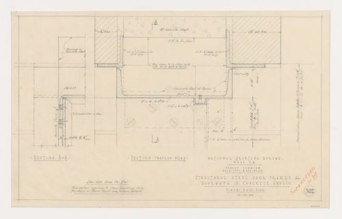 Coupes des cadres en acier pour les entrées de porte en voile de béton, Imprimerie Nationale du Canada, Hull, Québec, Canada