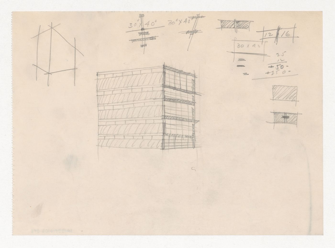 Perspective sketch for a campus building for Illinois Institute of Technology, with unidentified sketches