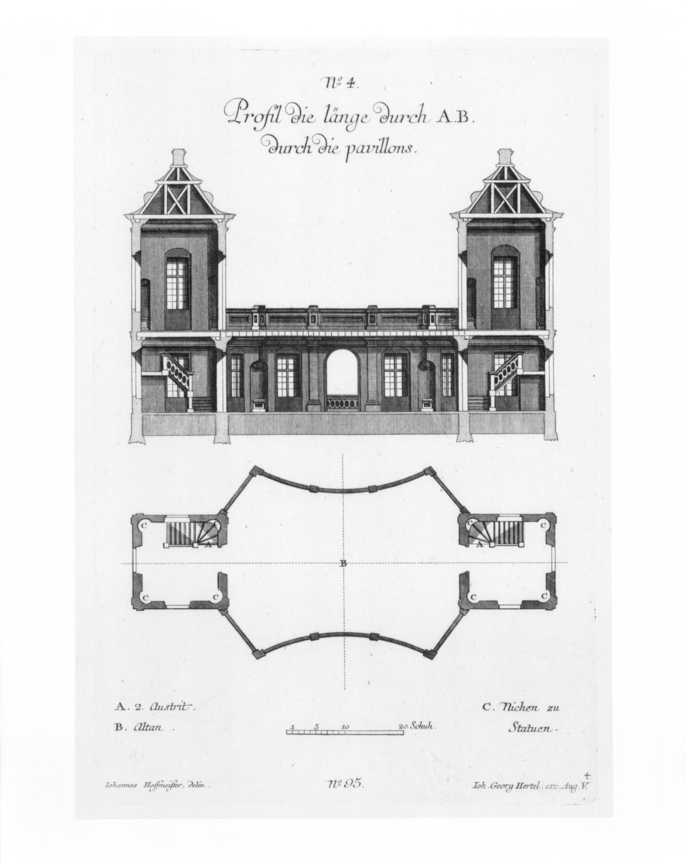 Second-floor plan and longitudinal section of a Garden Pleasure House