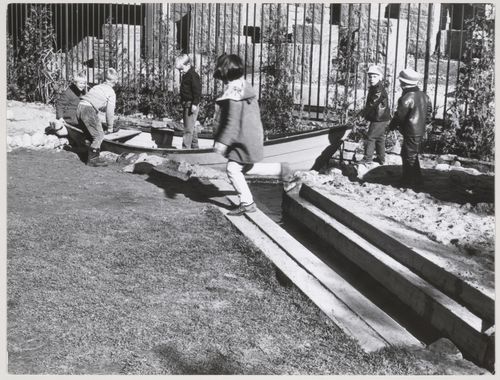 View of children playing at Children's Creative Centre Playground, Canadian Federal Pavilion, Expo '67, Montréal, Québec
