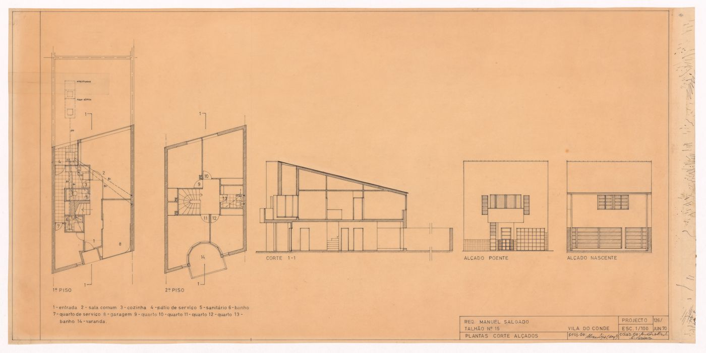 Plans, elevations and section for 15th plot of Conjunto Habitacional em Caxinas, Vila Cova - Vila do Conde, Portugal