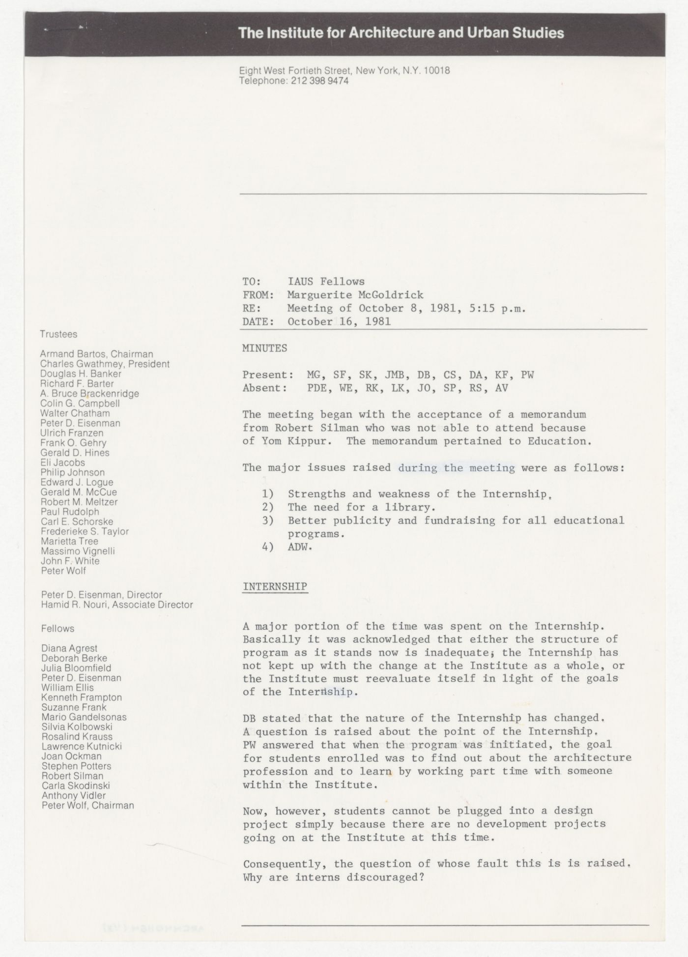 Minutes of meeting of the Fellows on October 8th, 1981