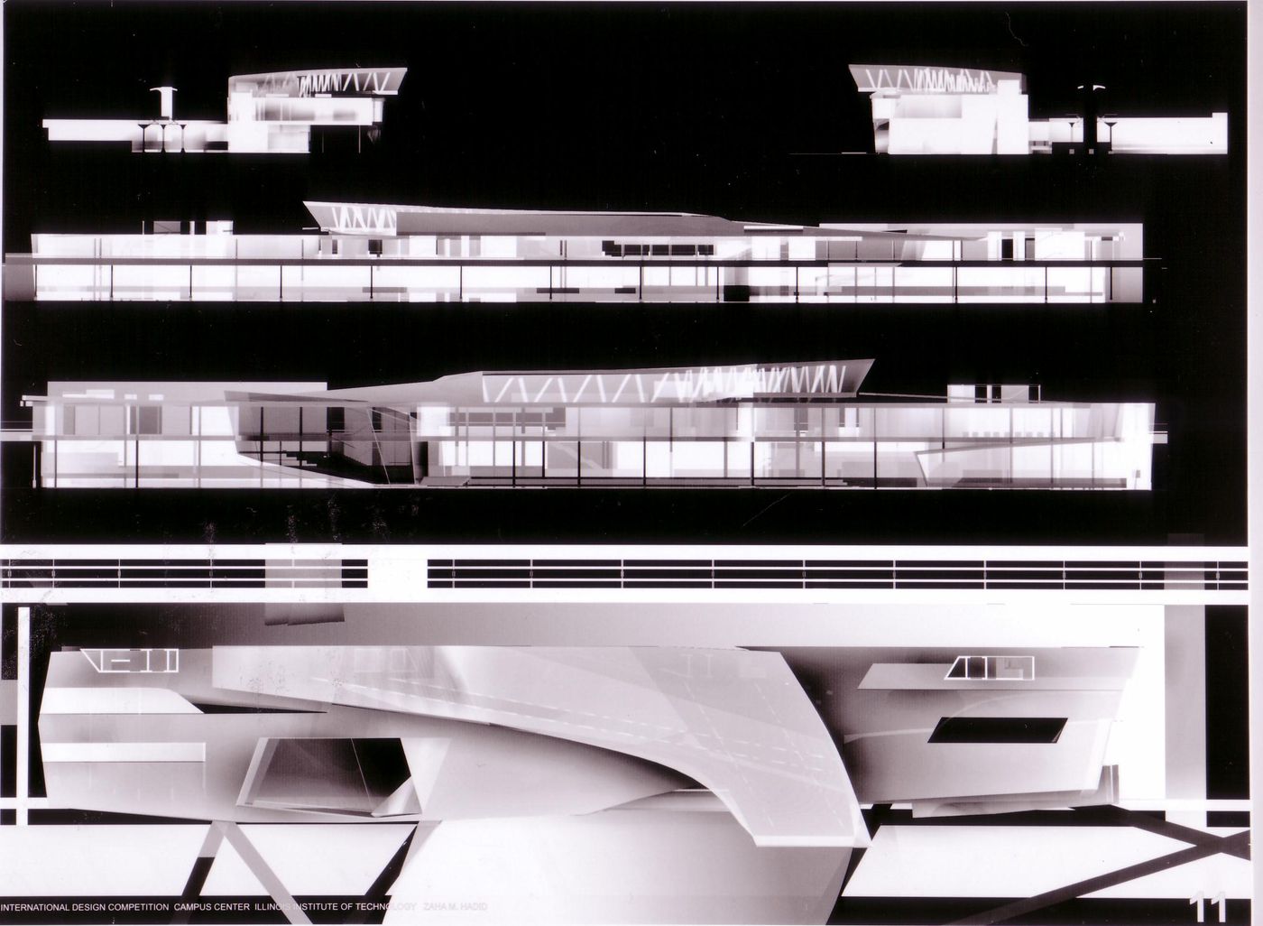 Elevations and plan, submission to the Richard H. Driehaus Foundation International Design Competition for a new campus center (1997-98), Illinois Institute of Technology, Chicago, Illinois