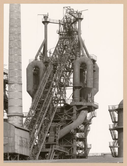 View of a blast furnace head of Thyssen Hütte steel mill, Ruhrort, Duisburg, Germany