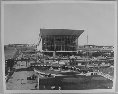 View of the Pavilion of the Soviet Union as its construction stage, Expo 67, Montréal, Québec