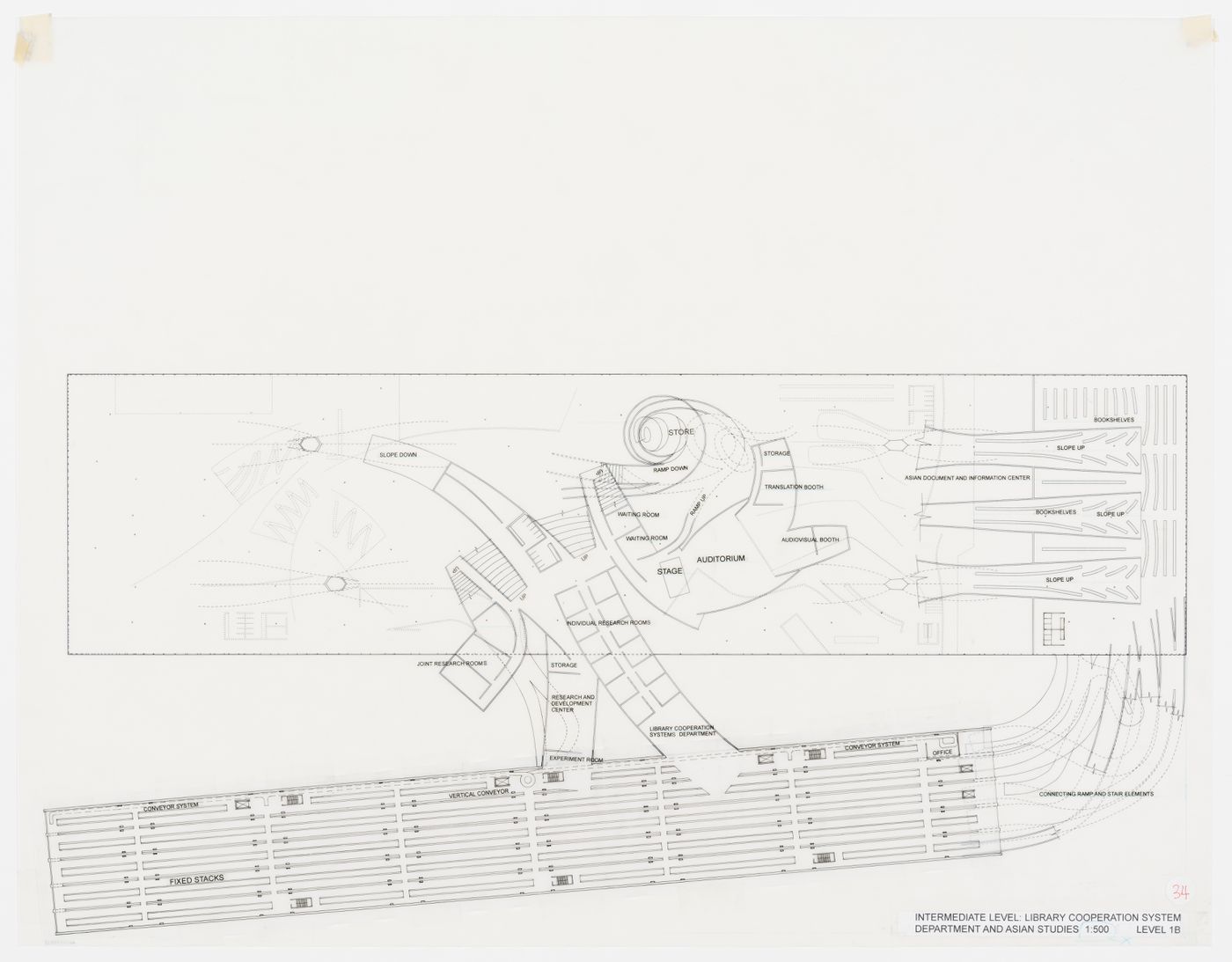 Level 1B plan: cooperation system department and asian studies, scale  1:500, Kansai-Kan of the National Diet Library, Seika, Japan