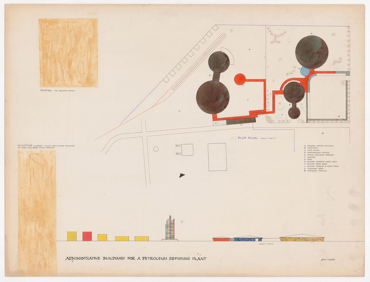 Plan and elevation for Administrative Buildings for a Petroleum Refining Plant