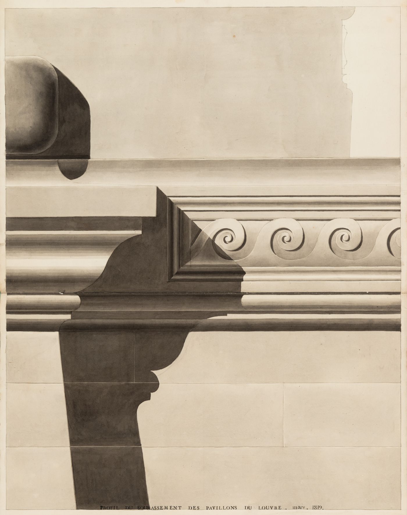 Profile of the "soubassement" of the Louvre pavilions, Paris; verso: Elevation of a façade