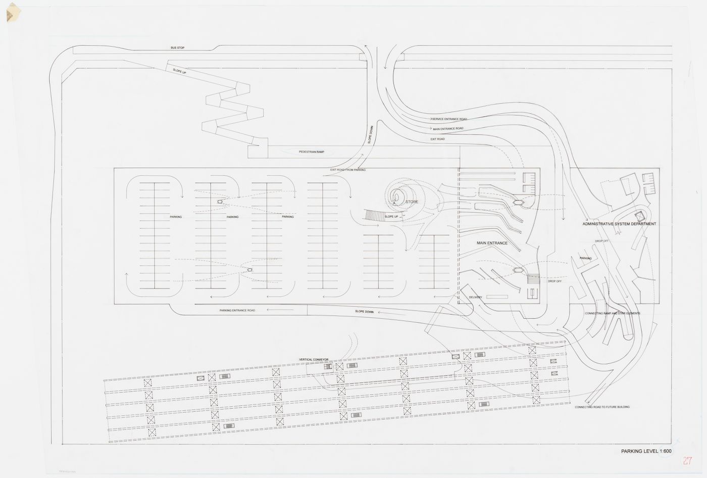 Parking level plan, scale 1:600, Kansai-Kan of the National Diet Library, Seika, Japan