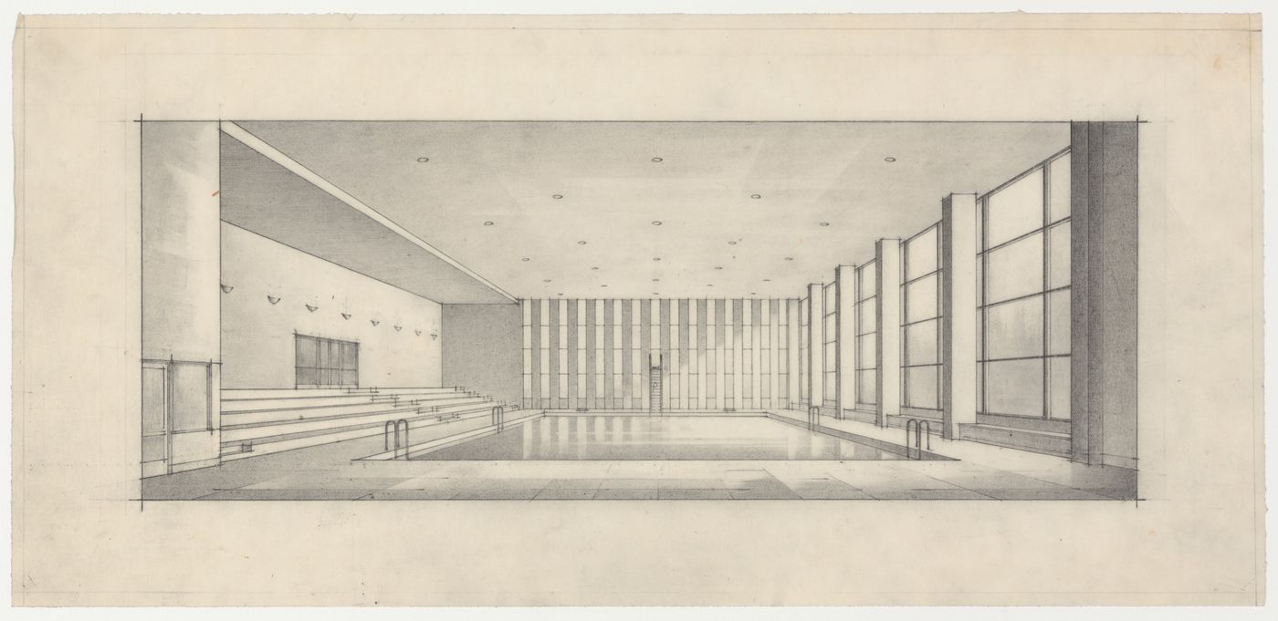 Perspective de la piscine intérieure, Centre récréatif du Parc Jarry, Montréal, Canada (1952-1960)