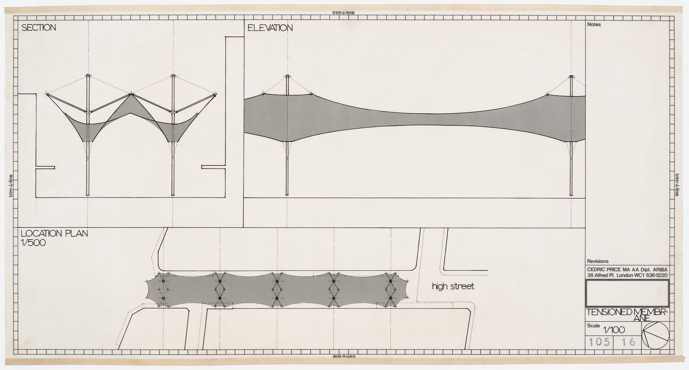 Southend roof: section, elevation and plan for tensioned membrane