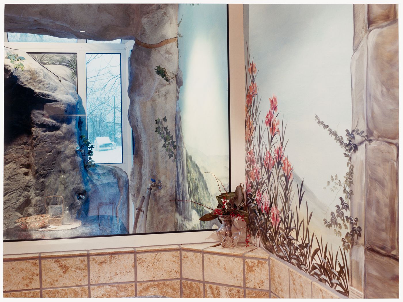 Interior view of the corner of a sauna with reflection in mirror, New York
